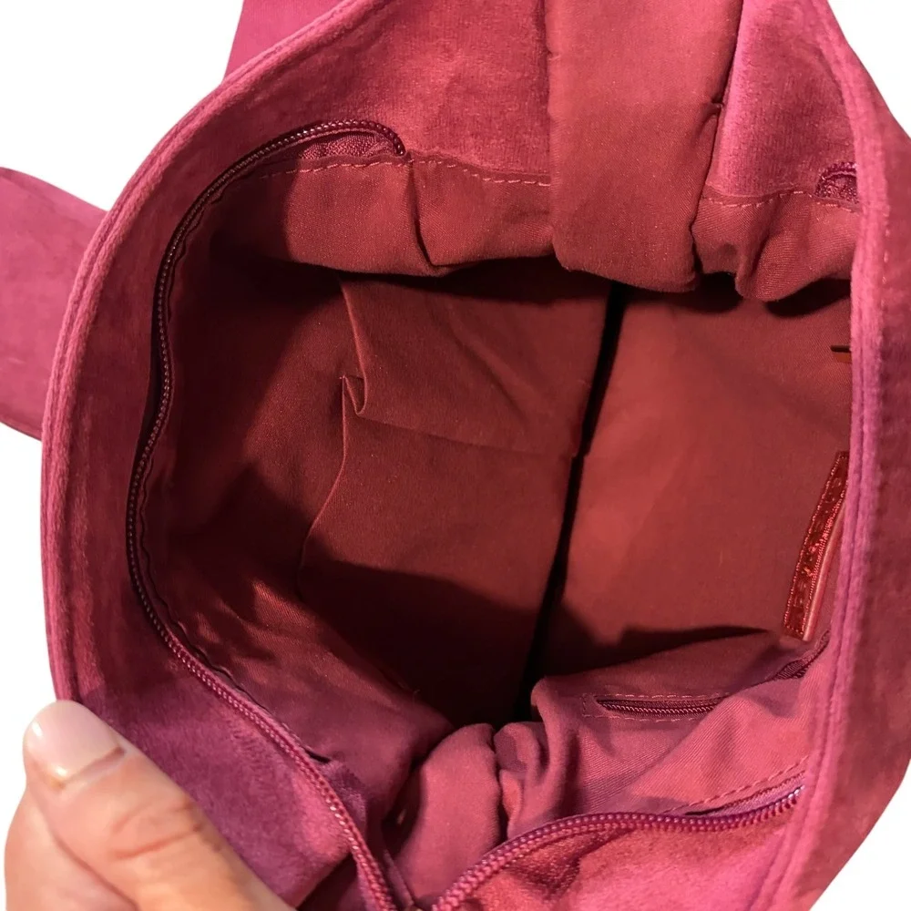 Ah-Dorned Burgundy Suede Crossbody‎ Hobo Bag w/ Mini Pouch Gold Hardware